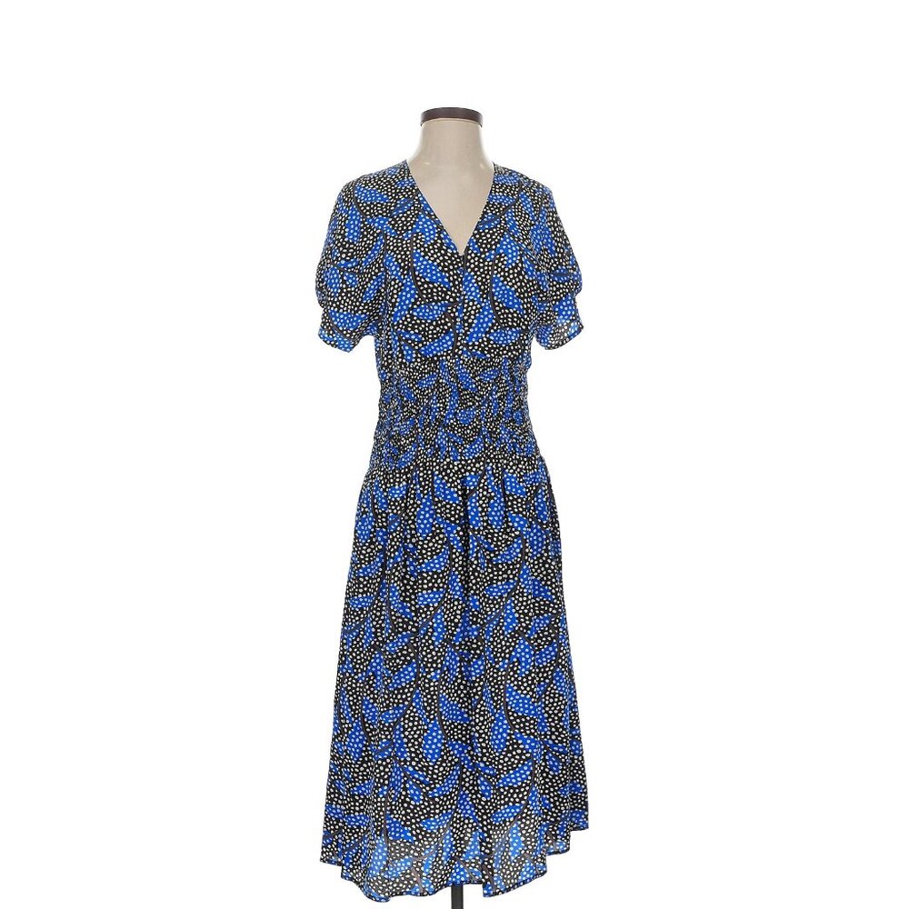 No.6 Store V Neck Short Sleeve Dress in Silk Black Blue Dotted Leaves 2 Medium